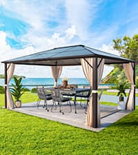 YOLENY 10'x13' Hardtop Gazebo, Outdoor Polycarbonate Double Roof Canopy, Aluminum Frame Permanent Pavilion with Curtains and Netting, Sunshade for Garden, Patio, Lawns
