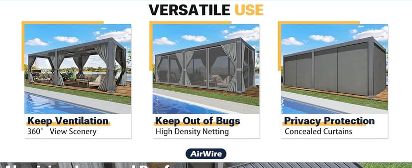 Pergola 10x20 Ft Louvered Pergola Aluminum Outdoor Pergolas W/Adjustable Roof, Waterproof Curtains and Nets Outdoor Gazebo for Deck,Patio,Backyard and Garden