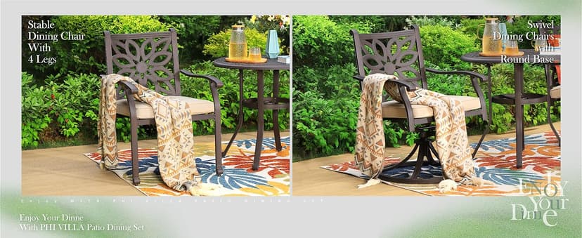 PHI VILLA Cast Aluminum Patio Dining Set for 6 Person, 7 Piece Outdoor Patio Set with 64" x 37" Cast-Top Aluminum Table(2.3" Umbrella Hole), 4 Dining Chairs and 2 Swivel Rockers with Seat Cushions