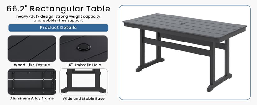 7-Piece Outdoor Dining Set, HDPE All-Weather Patio Table and Chairs Set for 6, Outdoor Patio Furniture Sets with Umbrella Hole for Outside, Deck, Backyard, Garden (Black)