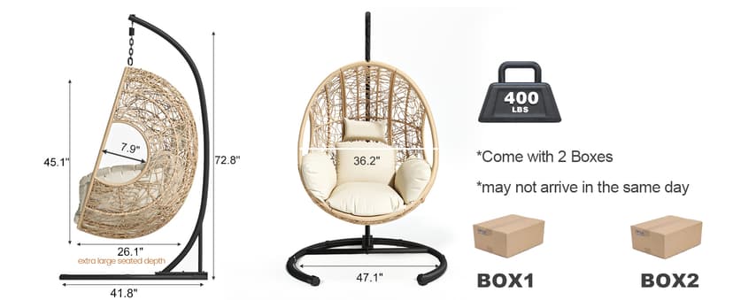 Oversized Hanging Egg Chair Outdoor Indoor, Wicker Swing Egg Chair with Stand 400lbs Capacity for Bedroom, Patio, Garden and Balcony (Beige-nest, Oversize)