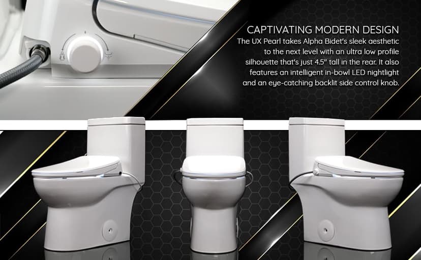 ALPHA BIDET UX Pearl Bidet Toilet Seat in Elongated White | Ultra Low Profile | Endless Warm Water | Arced Stainless Steel Nozzle | LED Nightlight | Dryer | Deodorizer | 3 Year Warranty