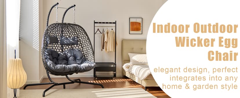 Double Hanging Swing Egg Chair with Stand, Hexagon Wicker Hammock Swing Chair for Outdoor Garden Patio, 2 Person Egg Chair with Foldable Loveseat Removable Cushions (Dark Grey)