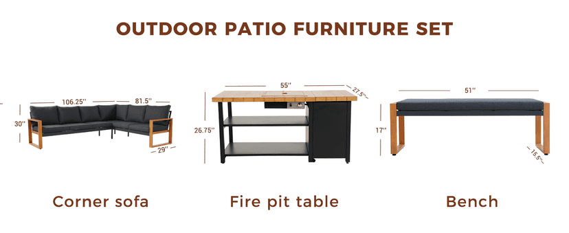 Grand patio 4-Piece Outdoor Furniture Set with Gas Fire Pit Table, Aluminum Patio Sofa Set for 8 with Faux Wood Grain Finish, Modern Patio Couch Sofa with Outdoor Bench and Chaise for Backyard
