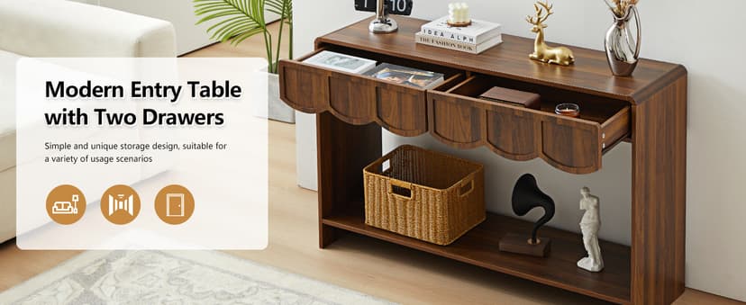Console Table with Drawers, Mid-Century 43 Inches Narrow Entryway Tables with Open Storage Shelves, Hallway Accent Tables Behind Couch Table for Living Room - Walnut