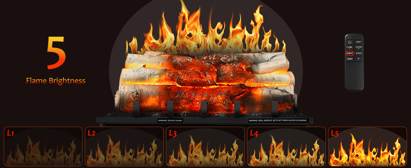 Electric Fireplace Log Heater 750W/1500W, 20" Electric Fireplace Insert with Adjustable 5 Flame Brightness&Speed/3 Music Sounds/Remote Control/8Hrs Timer for Home, Room, Office Decor