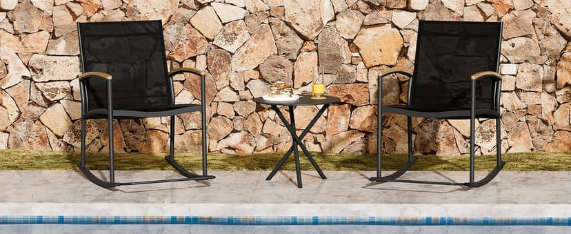 Shintenchi 3 Piece Outdoor Rocking Bistro Set, Textilene Fabric Small Patio Furniture Set, Front Porch Rocker Chairs Conversation Set with Table for Lawn, Garden, Balcony, Poolside (Black)