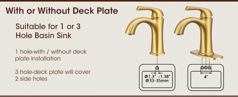 Brushed Gold Single Hole Bathroom Faucets, Single Handle Brass Bathroom Sink Faucet for 1 or 3 Holes, Vanity Faucet with Pop Up Drain and Supply Lines, Deck Plate