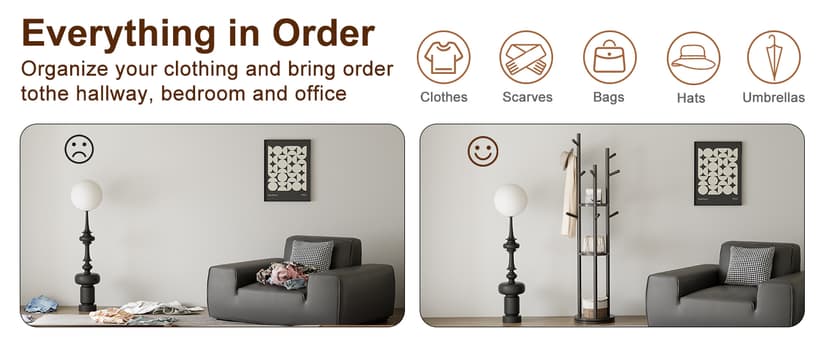 KungFuWood Coat Rack, Solid Wood Rotary Coat Rack Stand, Freestanding Coat Rack with 3 Shelves and 9 Hooks, Sturdy and Easy to Assemble Coat Tree for Entryway, Bedroom, Coats, Bags (Black)