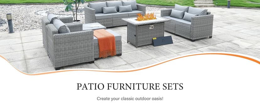 Rattaner 7-Piece Outdoor Furniture Sets Patio Furniture Set with 45-inch Fire Pit Patio Couch Outdoor Chairs 60000 BTU Propane Fire Pit Table with Non-Slip Cushions Waterproof Covers, Light Grey