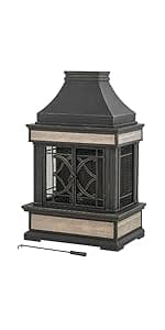 Sunjoy Outdoor Fireplace, Smith Collection Patio Wood Burning Steel Fireplace with Chimney, Spark Screen, Fire Poker, and Removable Grate, Copper with Yellow Tile
