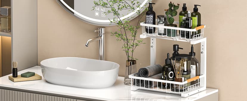 Under Sink Organizer 2 pack, 2 Tier Slide Out Under Sink Organizers And Storage, Height Adjustable Pull Out Cabinet Drawers, Kithcen Bathroom Metal Storage Caddy Shelf, White