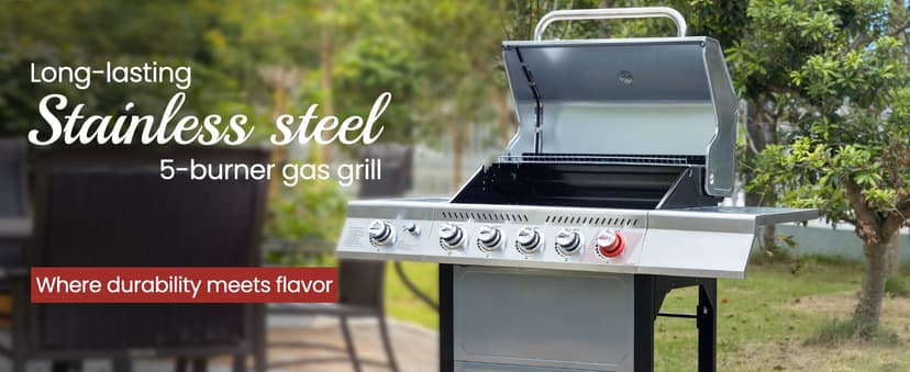 Royal Gourmet GA5401T 5-Burner Propane Gas Grill with Sear Burner and Side Burner, Stainless Steel BBQ Grill with 632 Sq. In. Grilling Area for Outdoor Barbecue Cooking, 64,000 BTUs, Silver