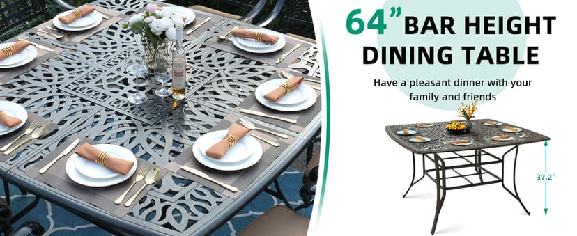 VIVIJASON 9-Piece High Patio Dining Set, Free-Rust Cast Aluminum Patio Bar Table and Chairs Set with 8 Swivel Bar Stools & 64" Bar Height Dining Table, Umbrella Hole for Backyard, Lawn, Garden