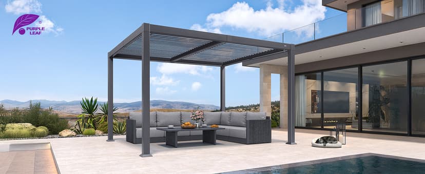 PURPLE LEAF Solar Louvered Pergola 92KS 10' x 12' with LED String Lights and Control Panel Aluminum Outdoor Pergola with Adjustable Roof for Patio Deck Garden Yard Gray