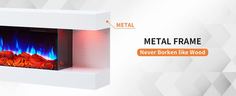 PuraFlame Alsa 44 Inch Wall Mounted Electric Fireplace All-in-One with Multi Ambient Light Colors, Remote, 1500W Heater, White