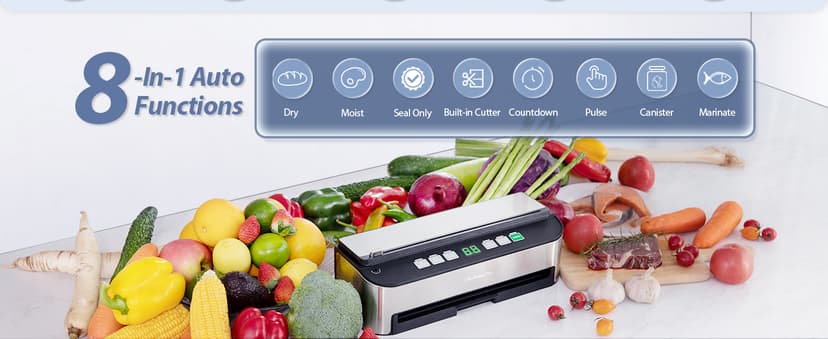 PressFree TRUE-Auto Vacuum Sealer Machine, Beelicious 85KPA Fully Automatic 8-IN-1 Food Sealer with Bags Storage, Build-in Cutter, Moist Mode and Air Suction Hose | Digital Countdown | Sous Vide