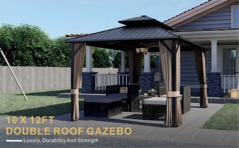 10’x12’ Hardtop Gazebo, Galvanized Steel Double Roof Canopy with Aluminum Frame, Outdoor Pavilion with Nettings and Curtains