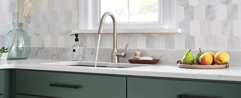 Moen Adler Chrome One-Handle High Arc Kitchen Sink Faucet with Power Clean, Modern Kitchen Faucet with Pull Down Sprayer, 87233