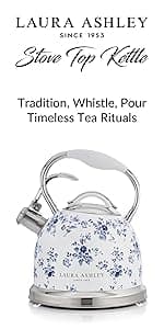 Laura Ashley Elveden White Stovetop Kettle with Whistle - 2.5L Fast Boil Stainless Steel Kettle Stove Top - Silicon Coated Cool Handle Camping Kettle for Gas, Induction Hob - Compatible with Aga Stove