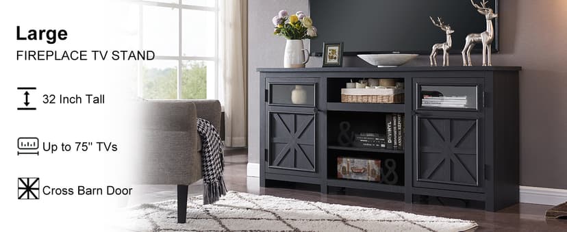 JXQTLINGMU Farmhouse TV Stand for 75 Inch TV, Entertainment Center with Storage, Rustic TV Cabinet with Barn Doors, 66" TV Console for Living Room, Adjustable Shelf - Black