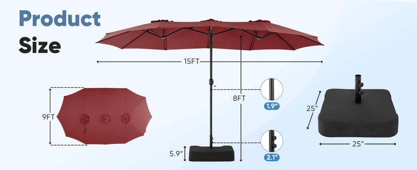 Sweetcrispy 15ft Large Patio Umbrella with Base Included, Rectangle Table Umbrella Outdoor Patio, Outside Umbrellas for Deck, Market, Backyard