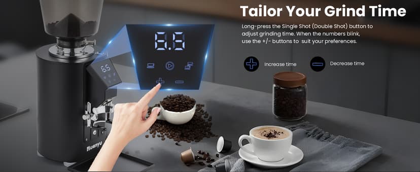 Huanyu Commercial Coffee Grinder with Touching Screen Infinite Adjustment 8 Grinding Settings Burr Coffee Grinders for Shops with Dual Dosing Modes