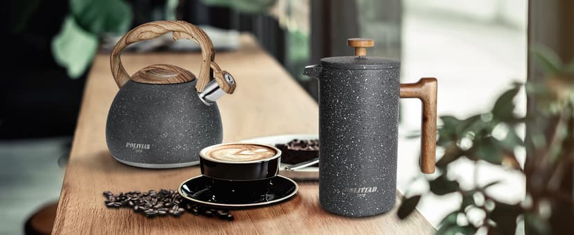 POLIVIAR Tea Kettle, 2.7 Quart Natural Stone Finish with Wood Pattern Handle Loud Whistle Food Grade Stainless Steel Teapot, Anti-Hot Handle and Anti-Rust, Suitable for All Heat Sources (JX2018-GR20)