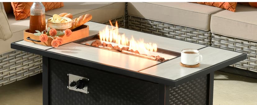 HOOOWOOO Outdoor Sectional Patio Furniture Set with Fire Pit Table,13 Pieces Wicker Conversation Sets L Shaped Couch,Extra Deep Out Door Sofa Outside Furniture with Swivel Chairs,Beige