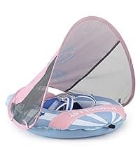 MAMBOBABYFLOAT Light Traveler 2025 — Safe, Comfortable, Adjustable Baby Pool Float with Canopy — Sun Protection, Self-Inflating, 5-Way Buckle System (Hot Air Balloon, Pink)