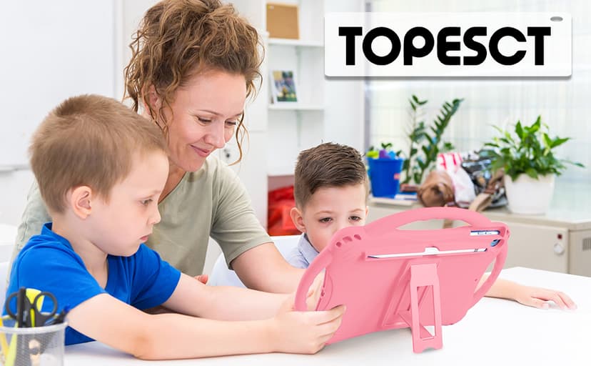 TopEsct Kids Case for iPad 10.2 inch - Shockproof Silicone Cover with Tempered Glass Screen Protector and Strap - Compatible with iPad 9th/8th/7th Gen (2021)" (Pink)