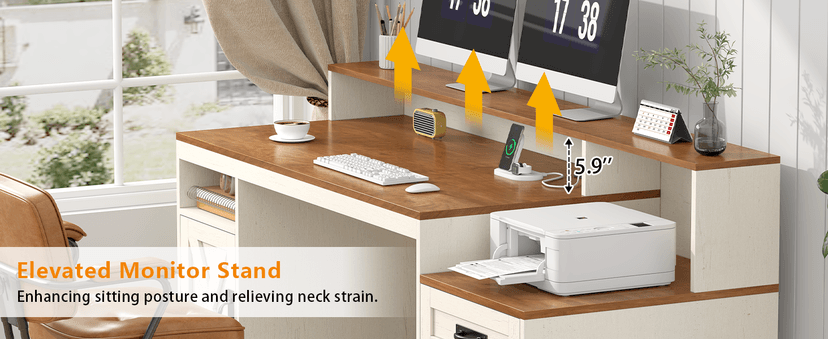 TVU Farmhouse Computer Desk with Drawers, 65'' Home Office Desk with Power Outlets, Storage Cabinet and Printer Stand, Study Writing Desks with Long Monitor Stand, White