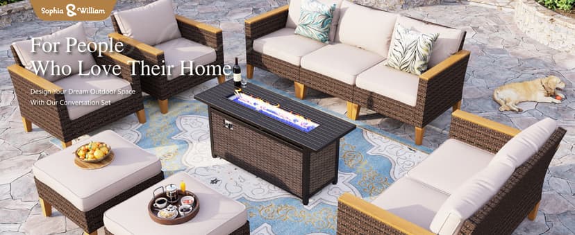 Sophia & William Patio Furniture Set with 56" Fire Pit Table, 10PCS Outdoor Wicker Sectional Conversation Set with 3-Seater Sofa, 2-Seater Couch, 2 Ottoman & FirePit Table(Beige)