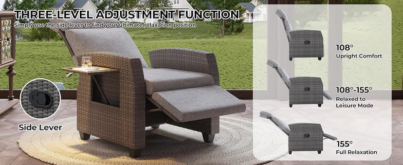 Outdoor Wicker Recliner Chair, Patio Recliner with Independently Adjustable Backrest and Footrest, All-Weather PE Wicker Patio Reclining Lounge Chair with Flip-Up Table Air Pump 155° Lay Flat