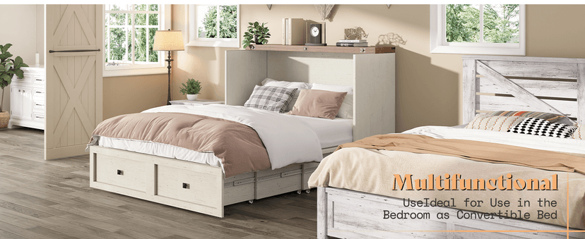 AMERLIFE Queen Murphy Bed with Storage & Charging Station, Farmhouse Murphy Cabinet with Foldable Panel, Noisy Free, for Guest Bedroom, Living Room, Office, Distressed White & Barnwood