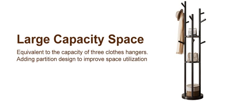 KungFuWood Coat Rack, Solid Wood Rotary Coat Rack Stand, Freestanding Coat Rack with 3 Shelves and 9 Hooks, Sturdy and Easy to Assemble Coat Tree for Entryway, Bedroom, Coats, Bags (Black)