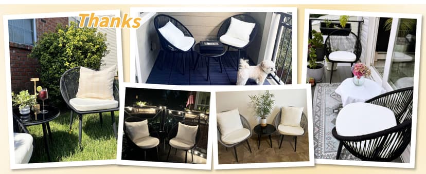 3 Pieces Bistro Set, Woven Rope Chair with Cushions, All Weather Patio Conversation Set and Side Table, Ideal for Deck, Balcony, Poolside, Black