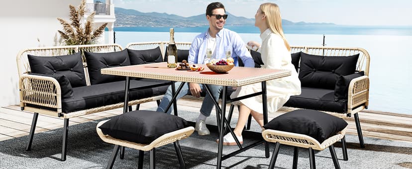 YITAHOME Patio Wicker L-Shaped Furniture Set, All-Weather Rattan Outdoor Conversation Sofa Set for Backyard Deck with Soft Cushions,Ottomans and Plastic Wood Dining Table (Light Brown+Black)