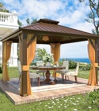 YOLENY 10'x13' Hardtop Gazebo, Outdoor Polycarbonate Double Roof Canopy, Aluminum Frame Permanent Pavilion with Curtains and Netting, Sunshade for Garden, Lawns, Patio