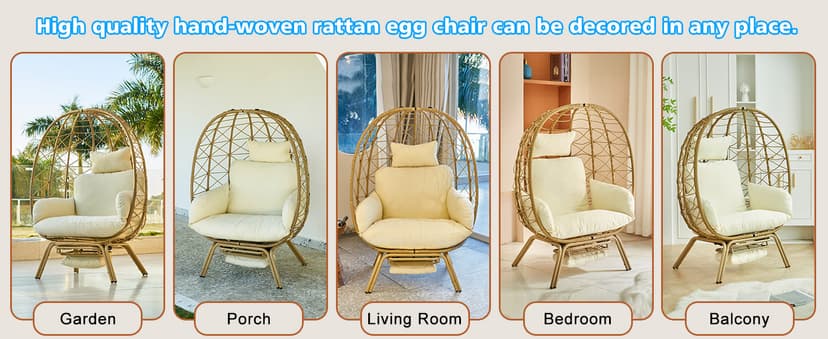 Wicker Egg Chair with Footrest & Cushions - Oversized 450lb Capacity Boho Wicker Egg Chair with Ottoman for Indoor/Outdoor - Beige Rattan Lounge Seat for Patio, Balcony, Garden, Home