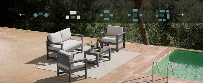 SERWALL 5 Pieces HDPE Outdoor Sofa Set with Cushions, All Weather Use Patio Conversation Couch Loveseat Furniture with Coffee Table for Balcony, Deck, Poolside, Grey Frame with Khaki Cushions