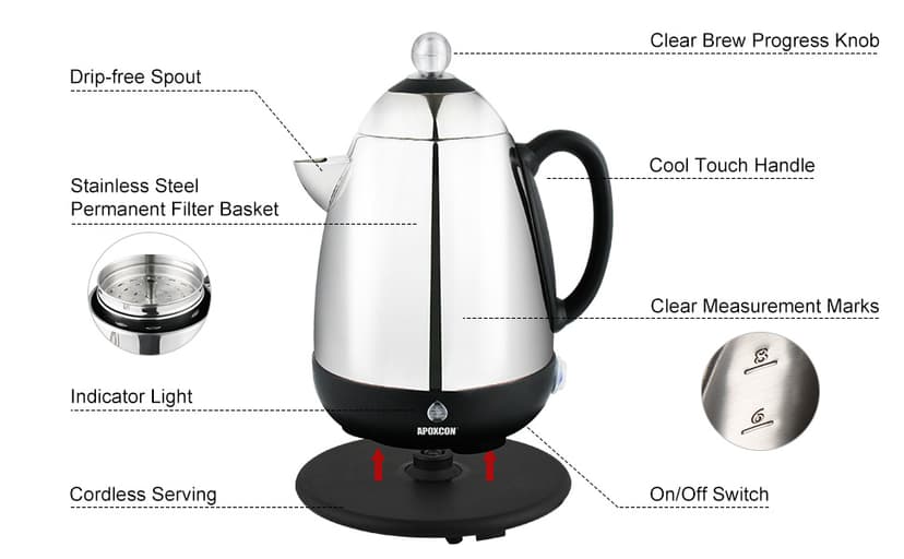 Electric Coffee Percolator Stainless Steel Coffee Maker with Clear Brew Progress Knob and No-Drip Spout Auto Keep Warm & Cordless Serving Coffee pot with On/OFF Switch Fast Brew (10 Cup)