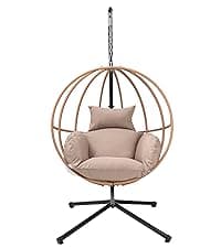 Double Egg Chair Outdoor, Egg Swing Chair with Stand, Hanging Egg Chair Outdoor with Cushions/Headrest, 80" H Hanging Chairs with Stand Indoor, Metal Basket Swing Egg Chairs for Deck, Khaki