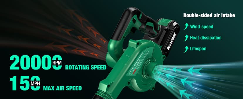 K I M O. Cordless Leaf Blower Vacuum Combo 4 in 1, 3 Nozzles &3 Modes for Inflation & Deflation, Extended Tube & Variable Speed, 20000RPM 150MPH, 2x2000mAh Battery Powered Leaf Blowers for Lawn Care