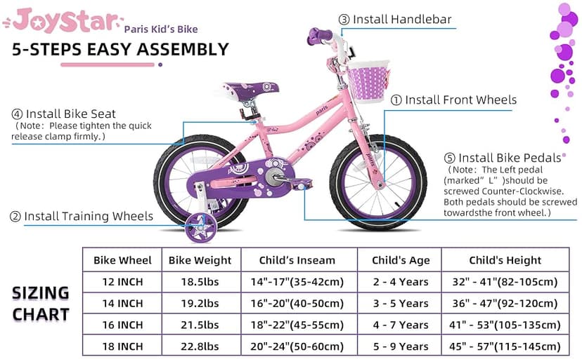 JOYSTAR Paris Girls Bike for Ages 3-8 Years Old, 14 16 18 Inch Kids Bike with Training Wheels, Basket and Handbrake, Multiple Colors