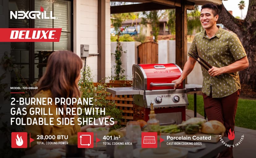 Nexgrill Deluxe 2-Burner Gas Grill with 401 SQ In Grate, 28000 BTUs, Stainless Steel Control Panel & Foldable Side Table, Propane BBQ Grill for Outdoor Cooking, Patios, Backyards and More - 720-0864R