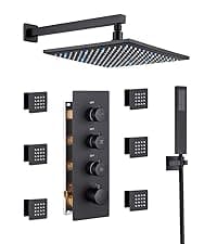 MONDAWE 23" Full Body Thermostatic Shower Jets System, 64-Color LED Music Waterfall Rainfall Luxury Shower Head System with 6 Spray Jets, Ceiling Mount Rain Shower Faucet Set, Matte Black