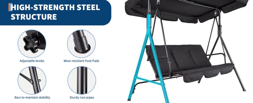 Outdoor Porch Swing Chair with Adjustable Canopy for Adults 3 Seat Glider Bench with Thickened Cushions Outside Patio Swing for Backyard Lawn Garden Black