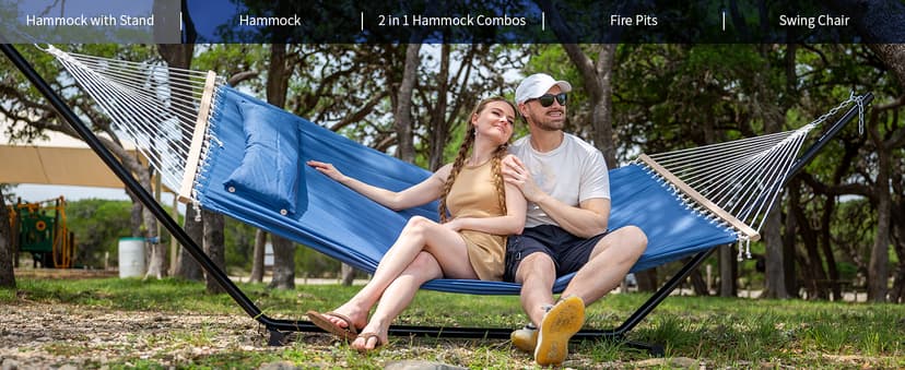SUNCREAT Double Outdoor Hammock with Stand, Two Person Cotton Rope Hammock with Polyester Pad, Dark Gray