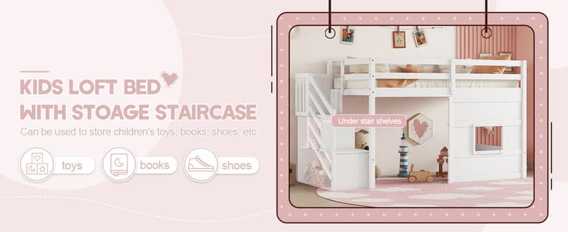Twin Size Low Loft Bed with Stairs, Kids Loft Bed with Storage,Solid Wood Twin Loft Bed Frame for Kids, Space Saving Low Loft Bed for Boys, Girls, White